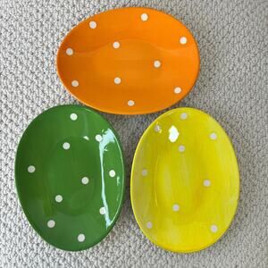 Easter Egg Side Plates Ceramic White Polka Dots Green Yellow Orange Set of 3